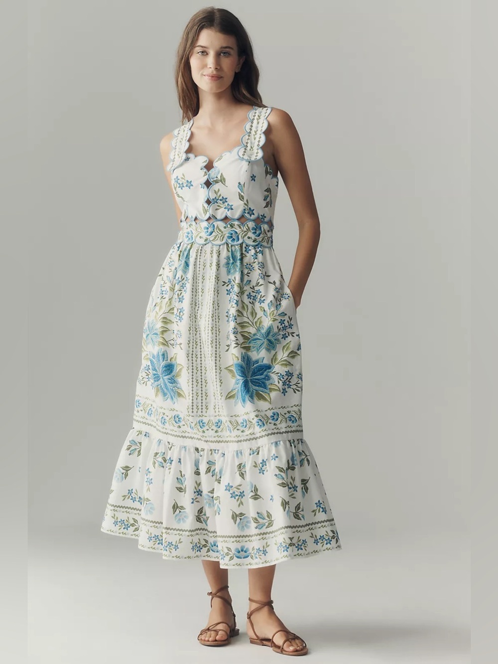 FARM Rio White Midi Dress with Blue and Green Floral Embroidery